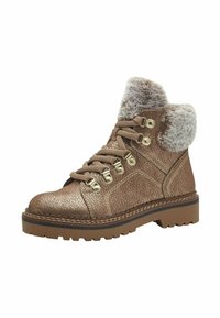Botas de tobillo marrones con cordones, acabado texturizado, cuello de piel suave, ojales metálicos y suela de goma resistente.