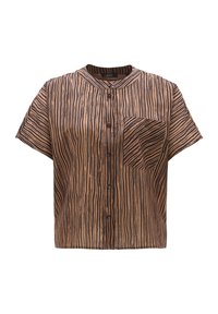 Short-sleeved, brown blouse with vertical black stripes, a round neckline, and chest pocket. Features five front buttons for closure.