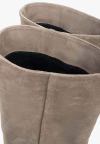 Šedé semišové kozačky po kolena s měkkou texturou, s hladkým povrchem a zakřivenými horními okraji. Interiér je podšitý černým materiálem.