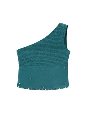 Top court asymétrique turquoise avec une moitié supérieure texturée et de petits clous argentés tout le long de la moitié inférieure et de l'ourlet.