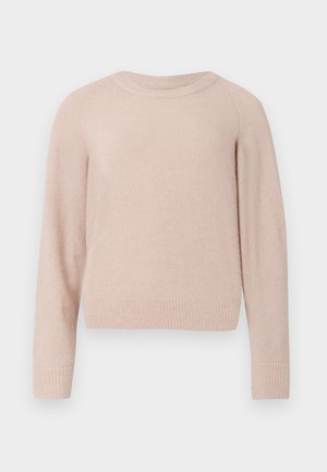 Suéter rosa claro hecho de material suave, con cuello redondo, mangas largas y puños y dobladillo acanalados. Diseño simple y sin adornos.