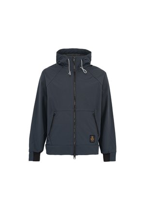 Felpa con zip di un blu navy scuro, dotata di cappuccio regolabile con cordino, maniche raglan, polsini elasticizzati e due tasche con zip frontali. Presenta una patch con logo.