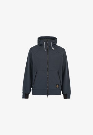 Felpa con zip di un blu navy scuro, dotata di cappuccio regolabile con cordino, maniche raglan, polsini elasticizzati e due tasche con zip frontali. Presenta una patch con logo.