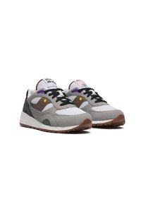 Sneaker in rete grigio e scamosciato con lacci neri e accenti colorati. Presenta un sottopiede imbottito e una suola in gomma per la trazione.