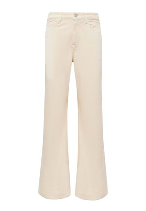 Pantaloni beige a zampa realizzati in morbido cotone, con chiusura a bottoni, cinque tasche e texture liscia.