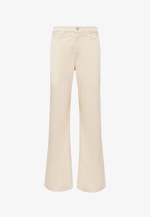 Beige flared pants made of soft cotton material, featuring a button closure, five pockets, and a smooth texture.
