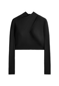 Fekete, hosszú ujjú cropped top, magas nyakkal és aszimmetrikus kialakítással. Simaságával, matt textúrájával és minimális varrási részleteivel tűnik ki.
