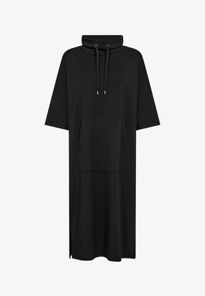 Vestido negro con capucha, hecho de una tela suave, que cuenta con un gran bolsillo frontal, mangas cortas y aberturas laterales para mayor libertad de movimiento.