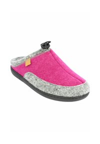 Roze vilten slipper met grijze vilten accenten, rubberen zool en een zwarte togglesluiting. Rond gevormd met gestikte details op de bovenkant.