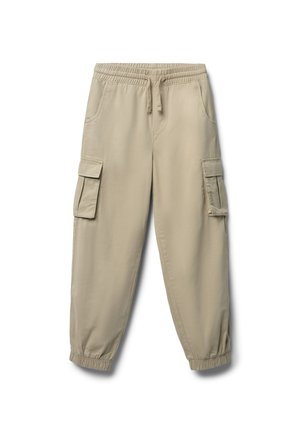 Pantaloni cargo beige con cintura elastica, caviglie risvoltate e molteplici tasche laterali. Realizzati in tessuto leggero. Texture liscia.