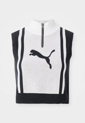 Sleeveless cropped top in black and white knit fabric, featuring a high collar and half zip. Black Puma logo positioned centrally.