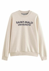 Beige sweatshirt med lange ærmer, ribbede manchetter, rund halsudskæring og navy tekst, der står "SAINT-MALO UNIVERSITÉ" på fronten.