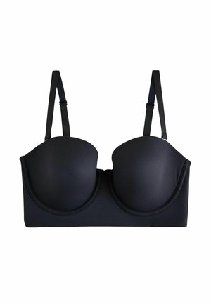 Black padded strapless bra with adjustable shoulder straps and underwire support on a white background.