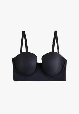Black padded strapless bra with adjustable shoulder straps and underwire support on a white background.