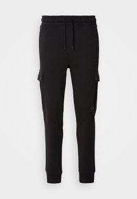 Pantalon de jogging noir avec taille élastique, cordon de serrage, chevilles côtelées et poches cargo à rabat avec bouton des deux côtés.