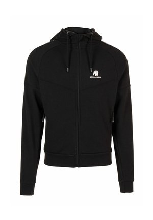 Zwarte ritssluiting hoodie gemaakt van textuurstof. Bevat een logo op de borst en verstelbare koordjes aan de capuchon.