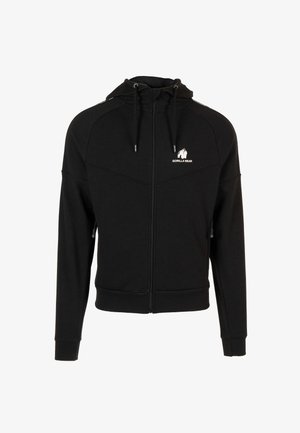Zwarte ritssluiting hoodie gemaakt van textuurstof. Bevat een logo op de borst en verstelbare koordjes aan de capuchon.