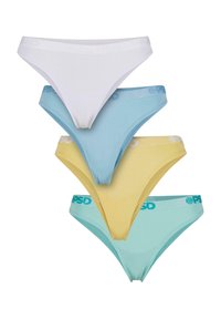 Four pairs of women's thongs: white, light blue, yellow, and teal. Each has a soft fabric, narrow waistband with printed logo.