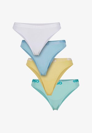 Quatre paires de strings pour femmes : blanc, bleu clair, jaune et turquoise. Chacune est en tissu doux, avec une taille étroite et un logo imprimé.