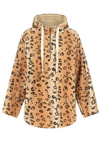 Hoodie w leopardim wzorze, miękka tkanina, brzoskwiniowe tło z czarnymi plamkami, z kapturem na sznurku, opadającymi ramionami i luźnym krojem.