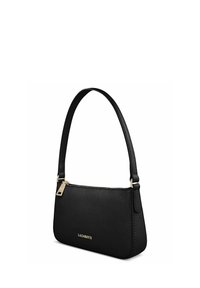 Borsa a tracolla in pelle nera testurizzata con cerniera dorata e nome del marchio Lazaretti sul davanti.