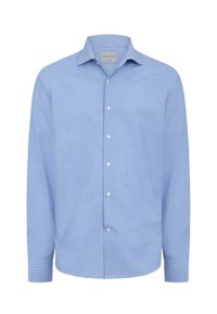 Camicia azzurro chiaro con motivo a piccoli quadretti, in cotone, maniche lunghe e colletto classico. I bottoni sono bianchi.