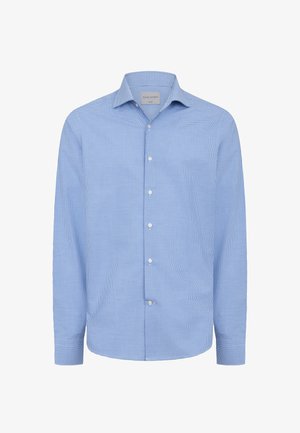 Hellblaues Hemd mit Knopfleiste, kleinem Karo-Muster, aus Baumwolle, mit langen Ärmeln und klassischem Kragen. Die Knöpfe sind weiß.