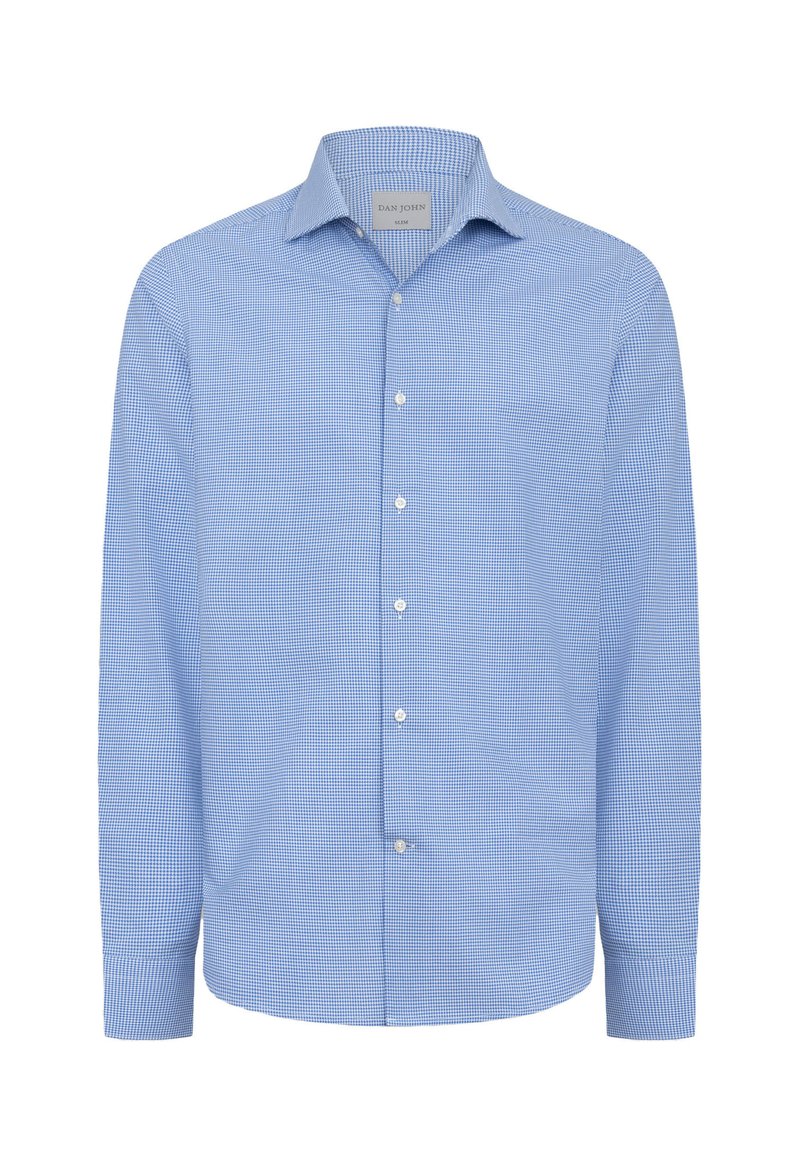 Camicia azzurro chiaro con motivo a piccoli quadretti, in cotone, maniche lunghe e colletto classico. I bottoni sono bianchi.