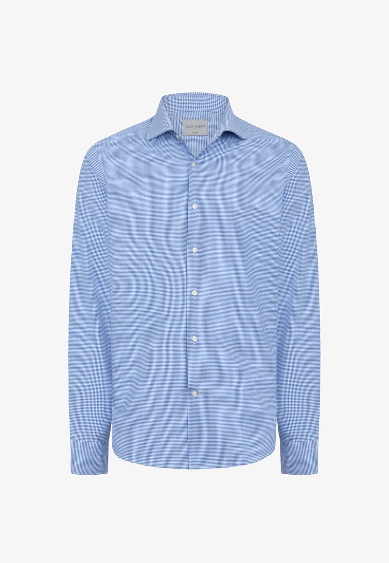 Camicia azzurro chiaro con motivo a piccoli quadretti, in cotone, maniche lunghe e colletto classico. I bottoni sono bianchi.