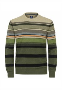 Sweater featuring horizontal stripes in khaki, green, black, and blue. Crew neck design with ribbed cuffs and hem. Soft texture.