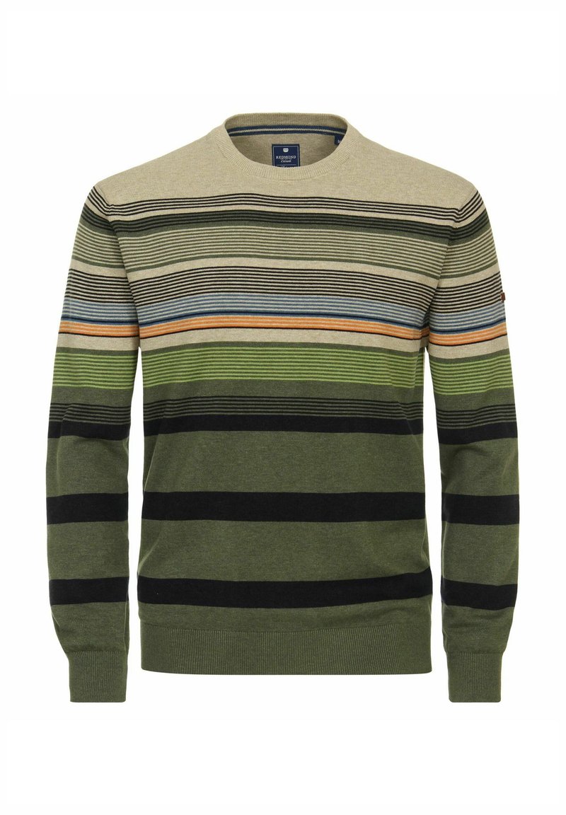 Sweater featuring horizontal stripes in khaki, green, black, and blue. Crew neck design with ribbed cuffs and hem. Soft texture.