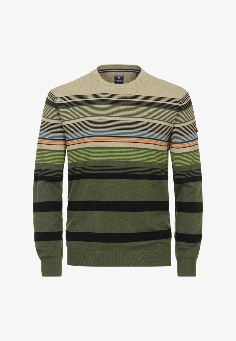 Sweter z poziomymi paskami w kolorze khaki, zielonym, czarnym i niebieskim. Klasyczny krój z okrągłym dekoltem oraz ściągaczami przy mankietach i u dołu. Miękka tekstura.