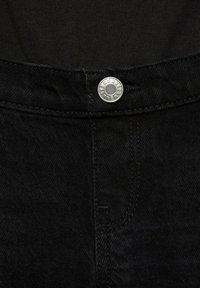 Black denim jeans with a smooth texture and a silver metal button at the waistband. Features contrasting stitching and a classic five-pocket design.