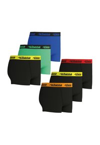 Ensemble de boxers pour hommes en différentes couleurs : noir, bleu, vert ; avec des ceintures élastiques arborant des logos de couleurs contrastées : rouge, jaune et orange.