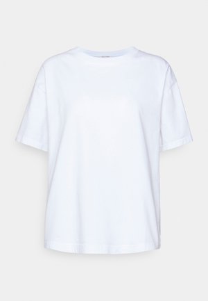 T-shirt en coton blanc à manches courtes, col rond, coupe décontractée, texture lisse et sans motifs ni accents visibles.
