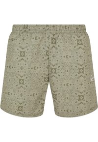Khaki-mønstret svømmebukser med en blød tekstur, der har et gentagende geometrisk design og en elastisk talje for komfort.