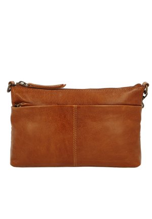 Brown leather clutch bag with zipper closure and front pocket, featuring a detachable strap and visible stitching details.
