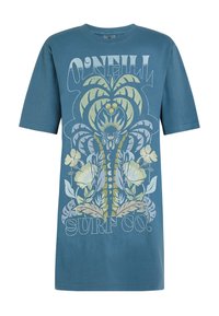 Niebieska koszulka bawełniana z krótkim rękawem z nadrukiem kwiatowym i liści w jasnych odcieniach zieleni i bieli, z tekstem "O'Neill Surf Co." w pogrubionej czcionce.
