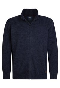 Mörkblå dragkedjesweater med en texturerad ribbad krage och manschetter, som har ett diskret melerat mönster och en liten logotyp på den nedre sidan.