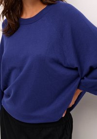 Königsblaues Strickpullover mit Rundhalsausschnitt und Raglanärmeln, der eine lockere Passform und eine weiche Textur aufweist. Kombiniert mit schwarzen Stoffhosen.