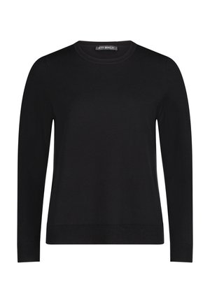 Pull noir à col rond en tissu tricoté doux. Il présente des manches longues ainsi qu'un ourlet et des poignets côtelés pour une coupe ajustée. Design minimaliste.