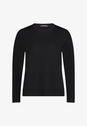 Czarny sweter z okrągłym dekoltem, wykonany z miękkiej dzianiny. Posiada długie rękawy oraz ściągacze na dole i przy mankietach dla dopasowanego kroju. Minimalistyczny design.