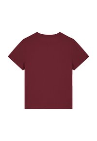 Bordeauxkleurig t-shirt met korte mouwen, een ronde halslijn en rechte zoom. Zachte stof met een gladde textuur en een eenvoudig ontwerp.