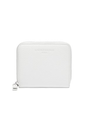 White leather wallet with a textured finish, zip closure, and silver hardware. Features subtle embossed branding on the front.