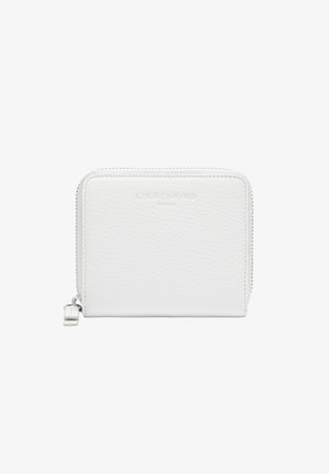 White leather wallet with a textured finish, zip closure, and silver hardware. Features subtle embossed branding on the front.