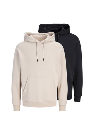 Zwei schlichte Kapuzenpullover mit Fronttaschen, ein beiger vorne und ein schwarzer hinten, auf weißem Hintergrund dargestellt.