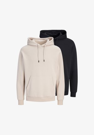 Due felpe con cappuccio semplici con tasche frontali, una beige davanti e una nera dietro, esposte su sfondo bianco.