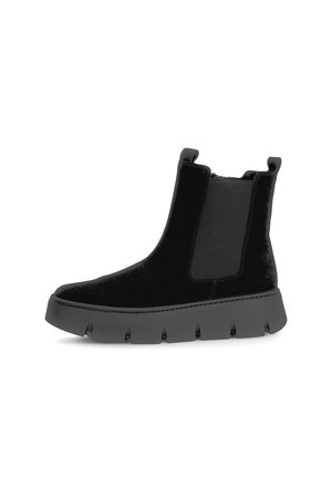 Black ankle boot made of smooth velvet, featuring elastic side panels and a chunky rubber sole with prominent tread for grip.