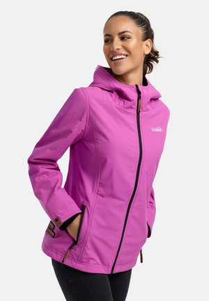 Purple hooded jacket with zip closure, side pockets, and black accents; features a smooth texture and minimalist design.