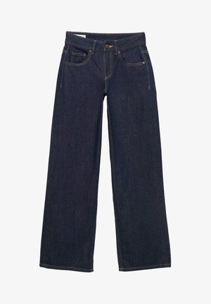 Jeans a gamba larga blu scuro realizzati in denim, con chiusura a bottoni e zip, cinque tasche e dettagli in cucitura gialla.